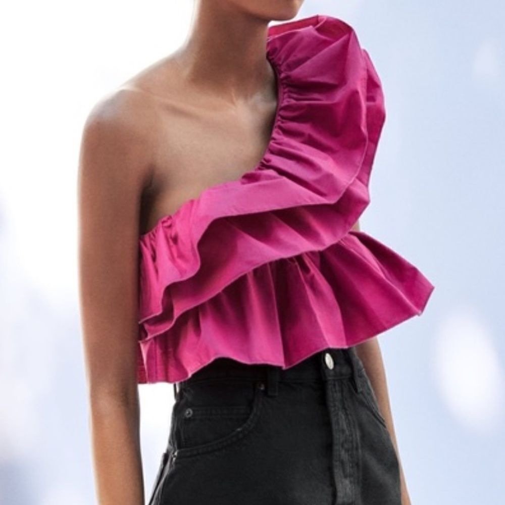 Zara Magenta One-Shoulder Ruffle Crop Top